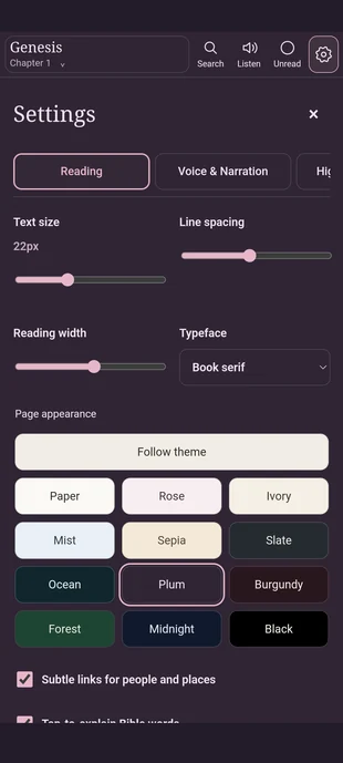 Real Android Reading settings showing typography sliders and the real 12-theme palette, including Plum selected
