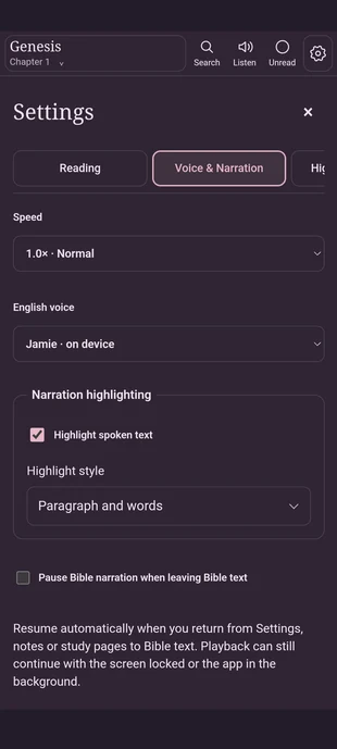 Real Android app Voice and Narration settings showing speed selector, Jamie on-device English voice, highlight spoken text enabled and paragraph-and-word highlighting style