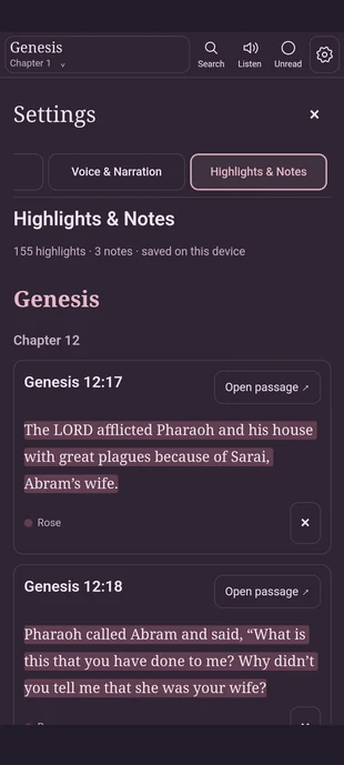 Real app Highlights and Notes screen showing saved Genesis 12 verse highlights in Rose color and Open passage buttons