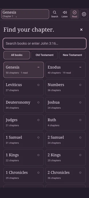 Real app chapter picker showing search, Old/New Testament tabs, Genesis and Exodus book rows and completed chapter counts