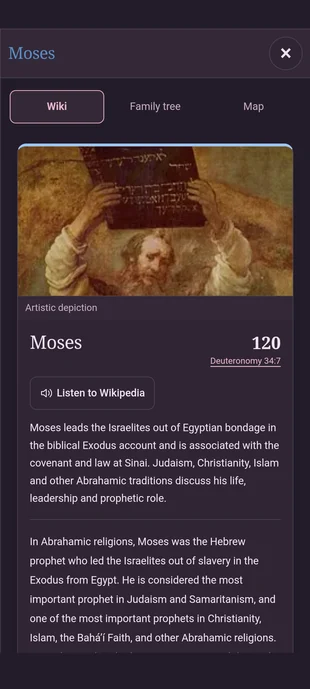 Genuine Moses Wiki page in Android 1.5.3, showing his illustration, age 120, Deuteronomy 34:7 source and Listen to Wikipedia control