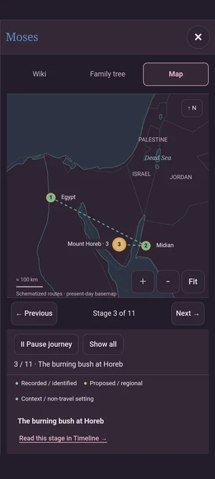 Actual Moses map in Android Bible app showing Egypt, Midian, Mount Horeb, Stage 3 of 11, recorded/proposed legend and Previous/Next controls